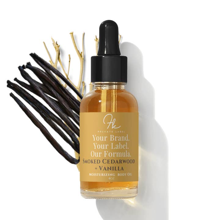 Smoked Cedarwood + Vanilla Body Oil for wholesale by FK Private Label Labs