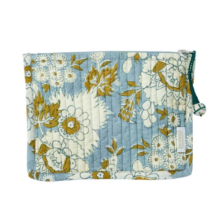 Small quilted pouch with Indian flower print Vishnu Blue for wholesale by Bonheur du Jour