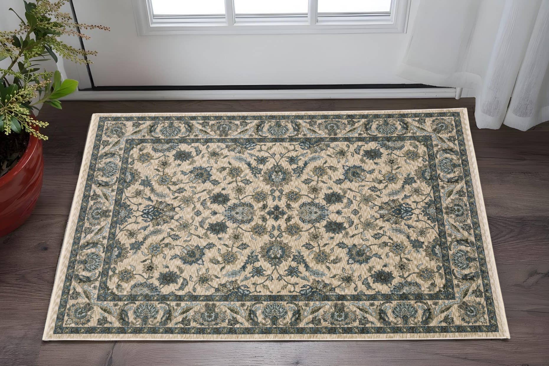 HomeRoots - Wholesale Area Rug - 2' X 3' Beige And Blue Oriental Area Rug With Fringe1