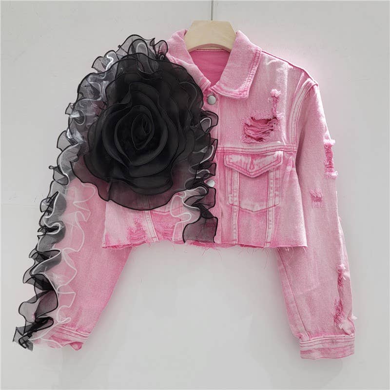 Productseeker - Wholesale Denim Jacket - Women's - JK141 Mesh Patchwork Ripped Design Short Denim Jacket2