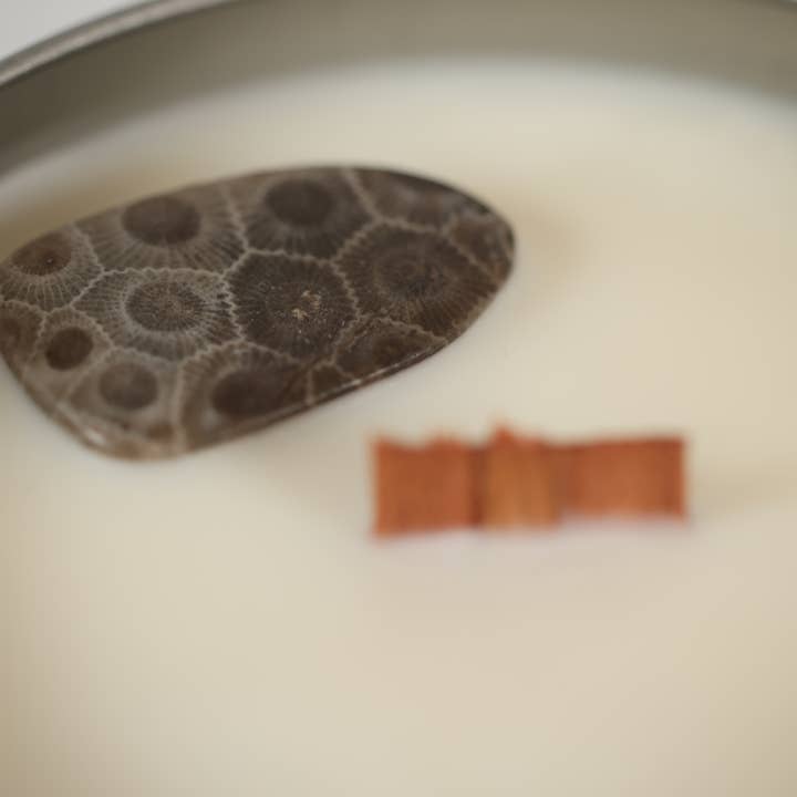 June Apothicarie - Wholesale Travel Candles - Petoskey Stones® Wooden Wick 11oz Tin Candle- Michigan