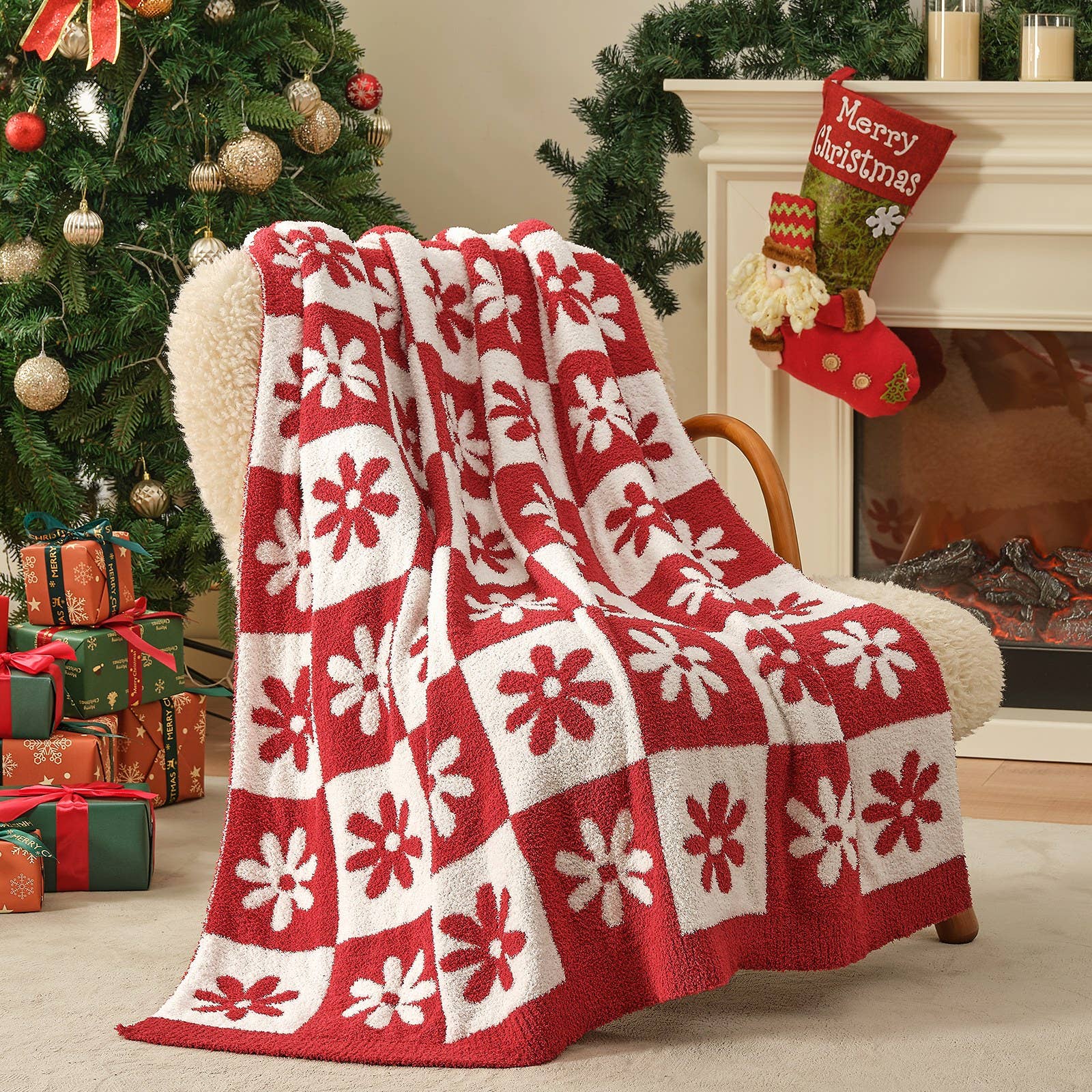 DreamValley - Wholesale Throw Blanket - SS Checkered Floral Throw Blanket Reversible Knitted Throw21