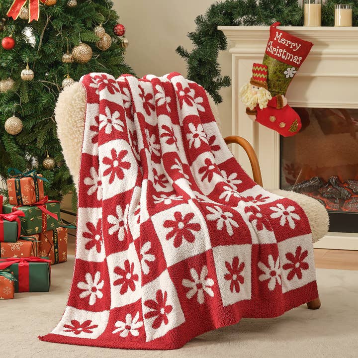 DreamValley - Wholesale Throw Blanket - SS Checkered Floral Throw Blanket Reversible Knitted Throw21