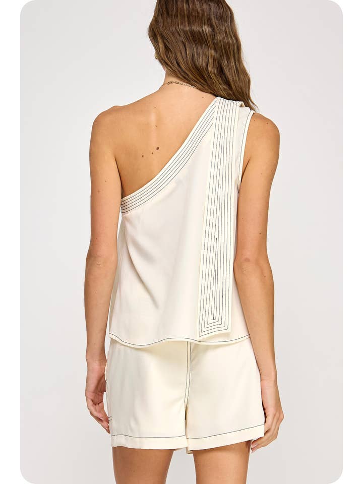 Strut & Bolt - Wholesale Blouse - Women's - Top Stitch Detail One Shoulder Top