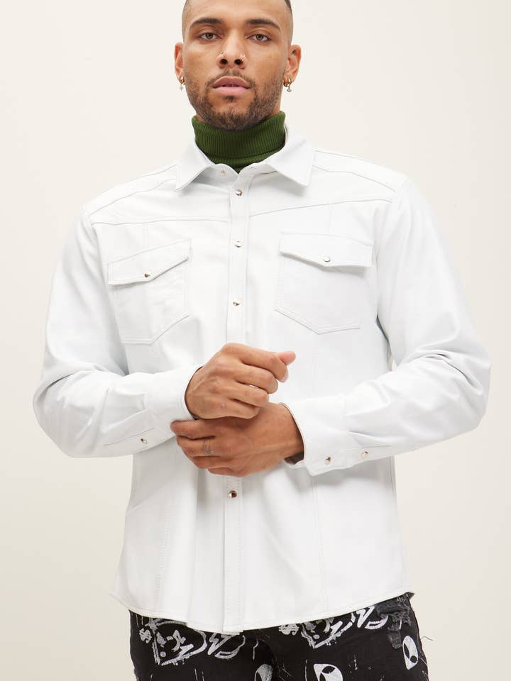 Camisa de piel de cordero genuina para hombre - Blanca para venta al por mayor de Ron Tomson