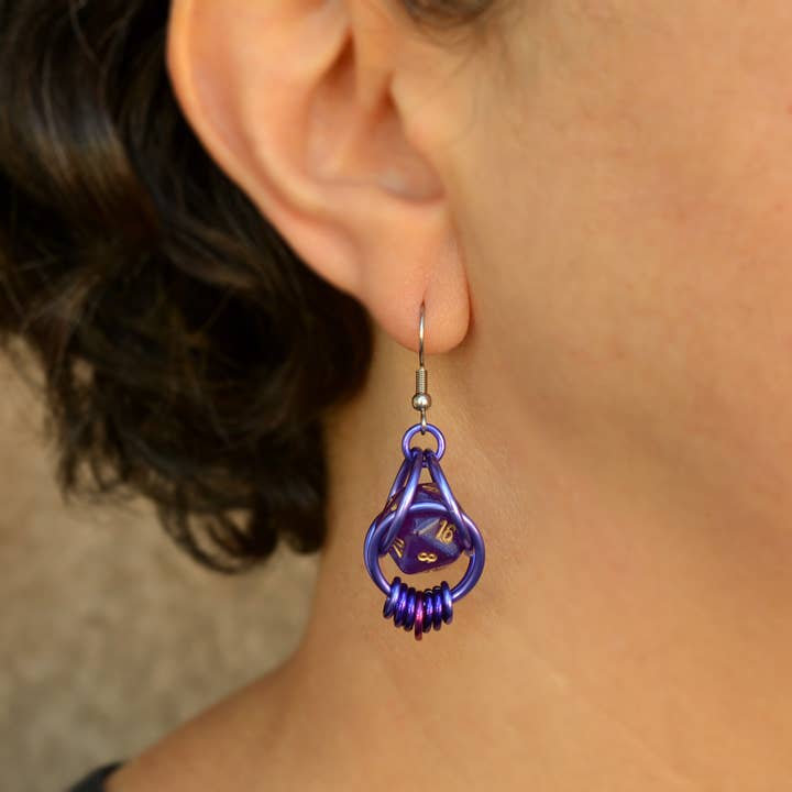 Rebeca Mojica Jewelry – wholesale Dangle earrings – d20 Purple Magic Earrings - Mini Dice in Chainmaille Cage6