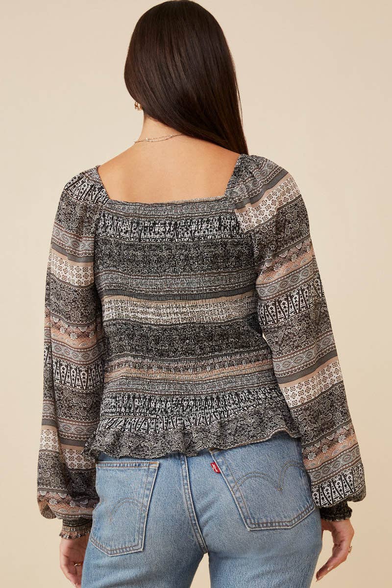 Black Womens Mixed Print Smocked Square Neck Top for wholesale on Faire4