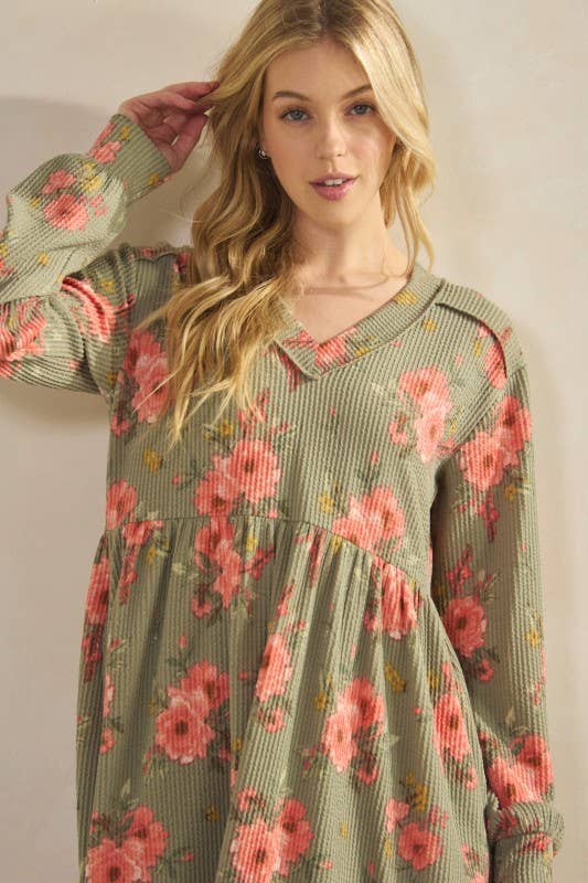 HEIMISH – Engroshandel Kjole - Dame – ED6869-12 LANG PUFFÆRMET BLOMSTRET URBAN RIB BABYDOLL KJOLE3