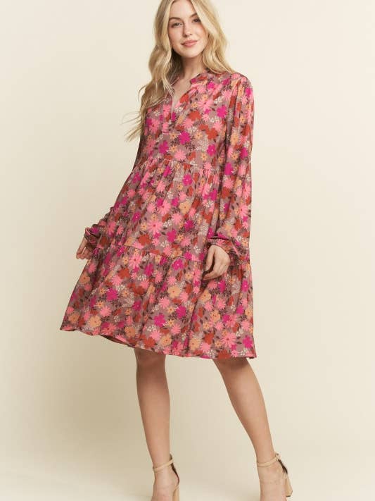 MOCHA MULTI ED6794-12 MANDARIN COLLAR NECK FLORAL TIERED MINI DRESS for wholesale on Faire3