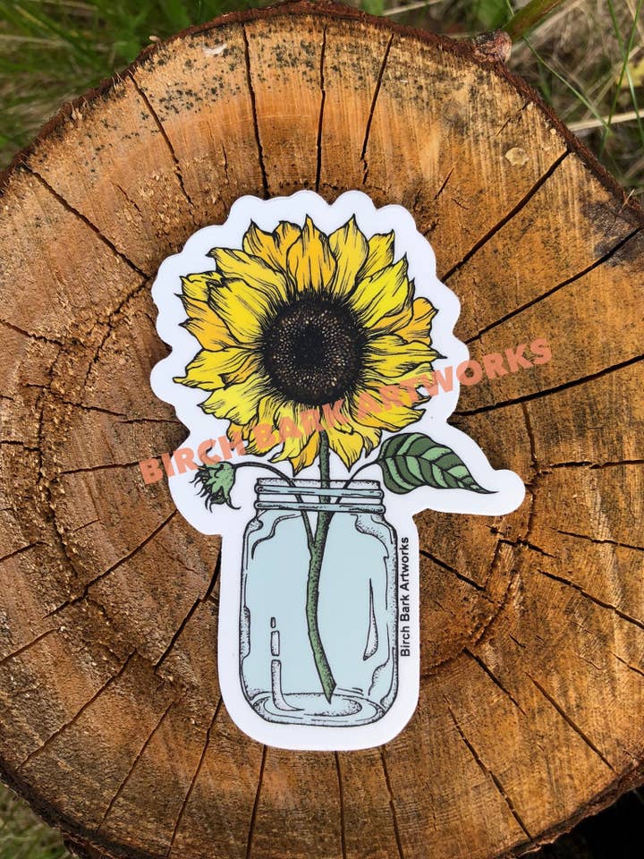 Sunflower In A Mason Jar Sticker for wholesale by Birch Bark Artworks