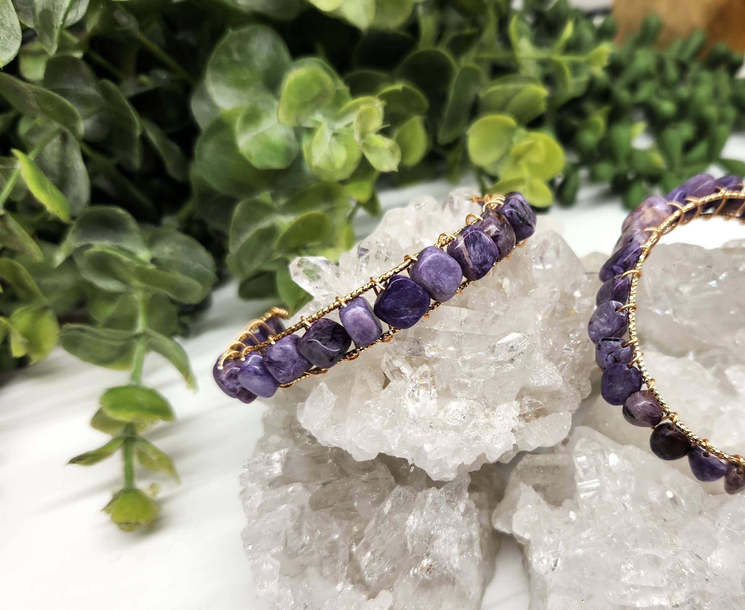 Meraki Gemstones - Wholesale Cuff Bracelet - Charoite Bangle/Cuff WireWrapped Bracelet-18kt. Gold Overlay8