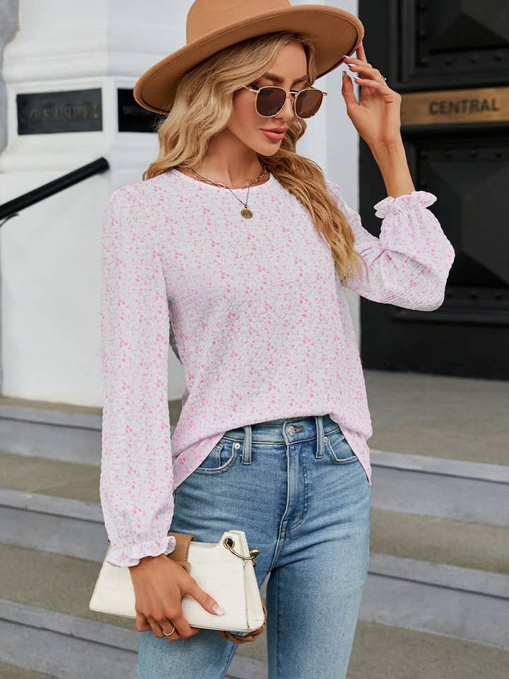 Lily Clothing - Wholesale Blouse - Women's - CWTBLL0196_WOMEN FLORAL RUFFLE SLEEVE ROUND NECK FALL BLOUSE12