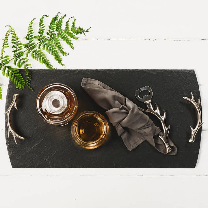 Slate Serving Tray - Large - Antler Handles - Gift Boxed for wholesale by Selbrae House Ltd