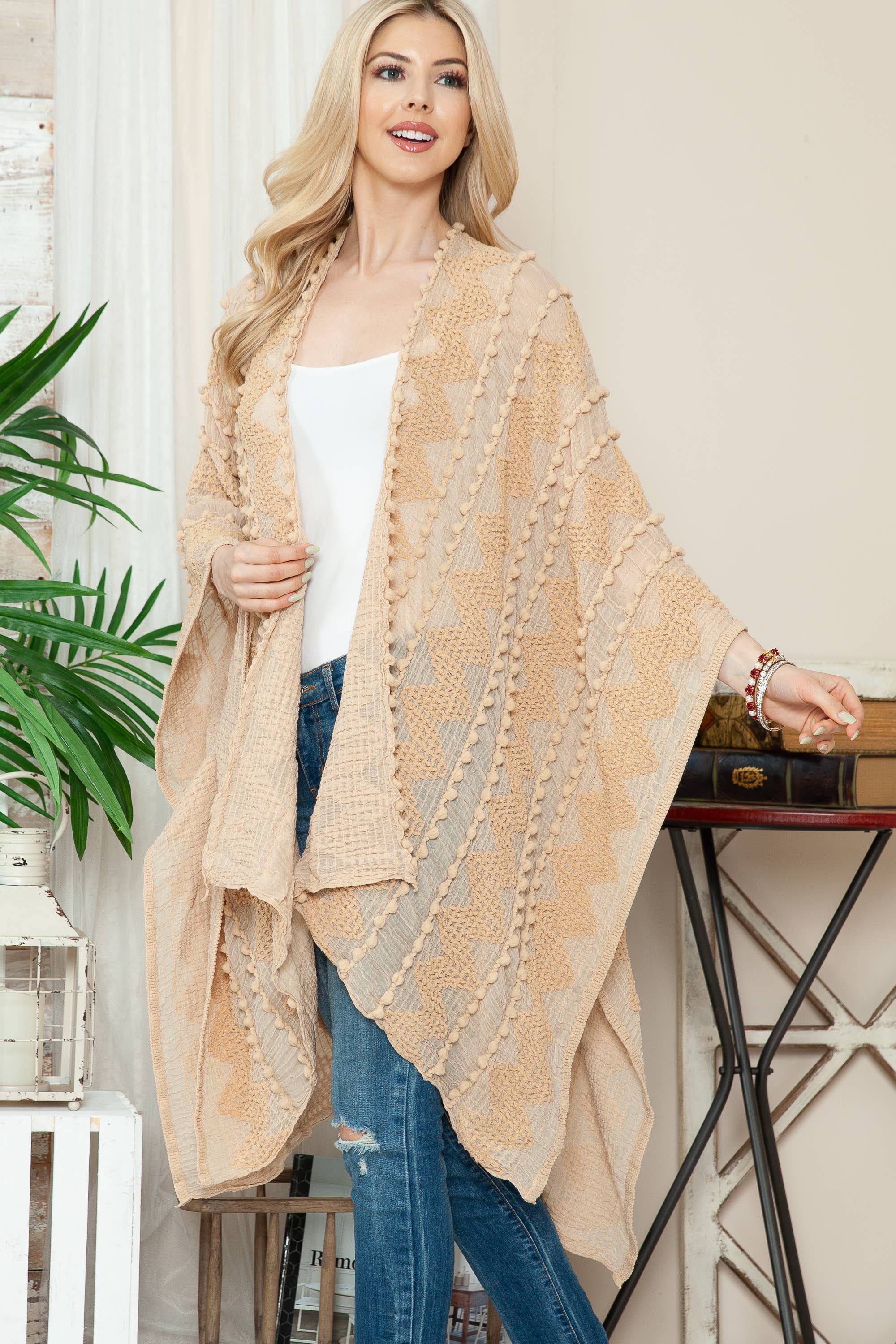 Justin & Taylor - Wholesale Kimono - Women's - Puffer-Up | Soft Textured Cover-Up Kimono With Pom Detail41
