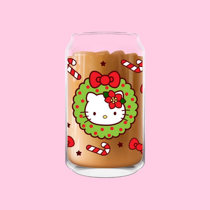 Cute Kitty Cat Christmas Wreath Glass Can for wholesale by Melting Hearts Co