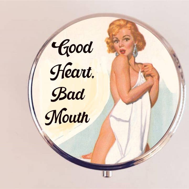 Good Heart Bad Mouth Pin Up Pill Box Case Pillbox Holder Trinket Stash Box Retro Funny Humor Pinup Pin Up Girl Swearing for wholesale by FringePop