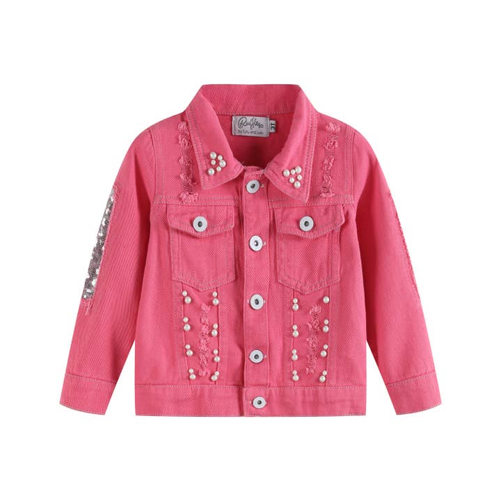 Lil Cactus - Wholesale Denim Jacket - Kids - Ruffles - Pink Butterfly Sequin Denim Jean Jacket