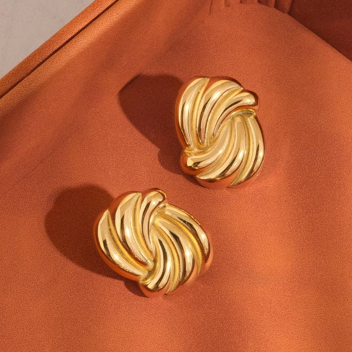 Ashton 18K Gold Non-Tarnish Wavy Rectangular Studs for wholesale on Faire