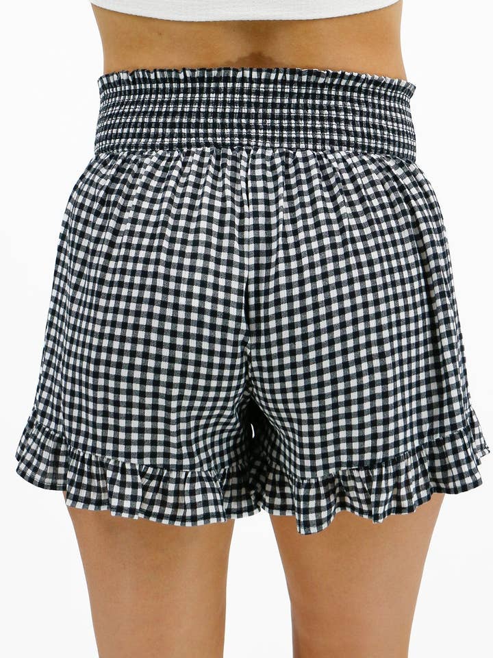 Smocked Summer Shorts in Black Gingham for wholesale on Faire9