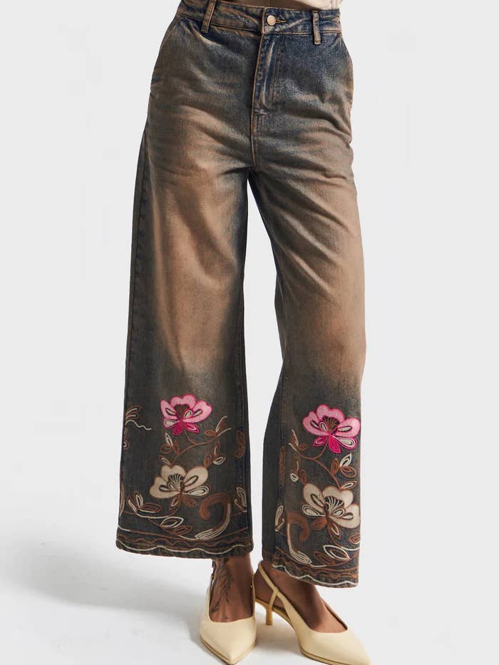 Floral Embroidered Denim Culottes: Vintage Boho Wide Leg Jea for wholesale by DesignofBoho