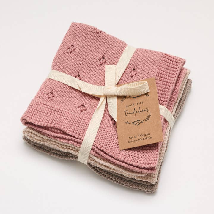 Organic Cotton Wash Cloth Set Rose Pink for wholesale by Over the Dandelions