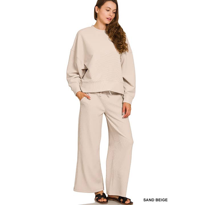Ribbed round neck pullover and pants 2pcs set for wholesale by Style Up