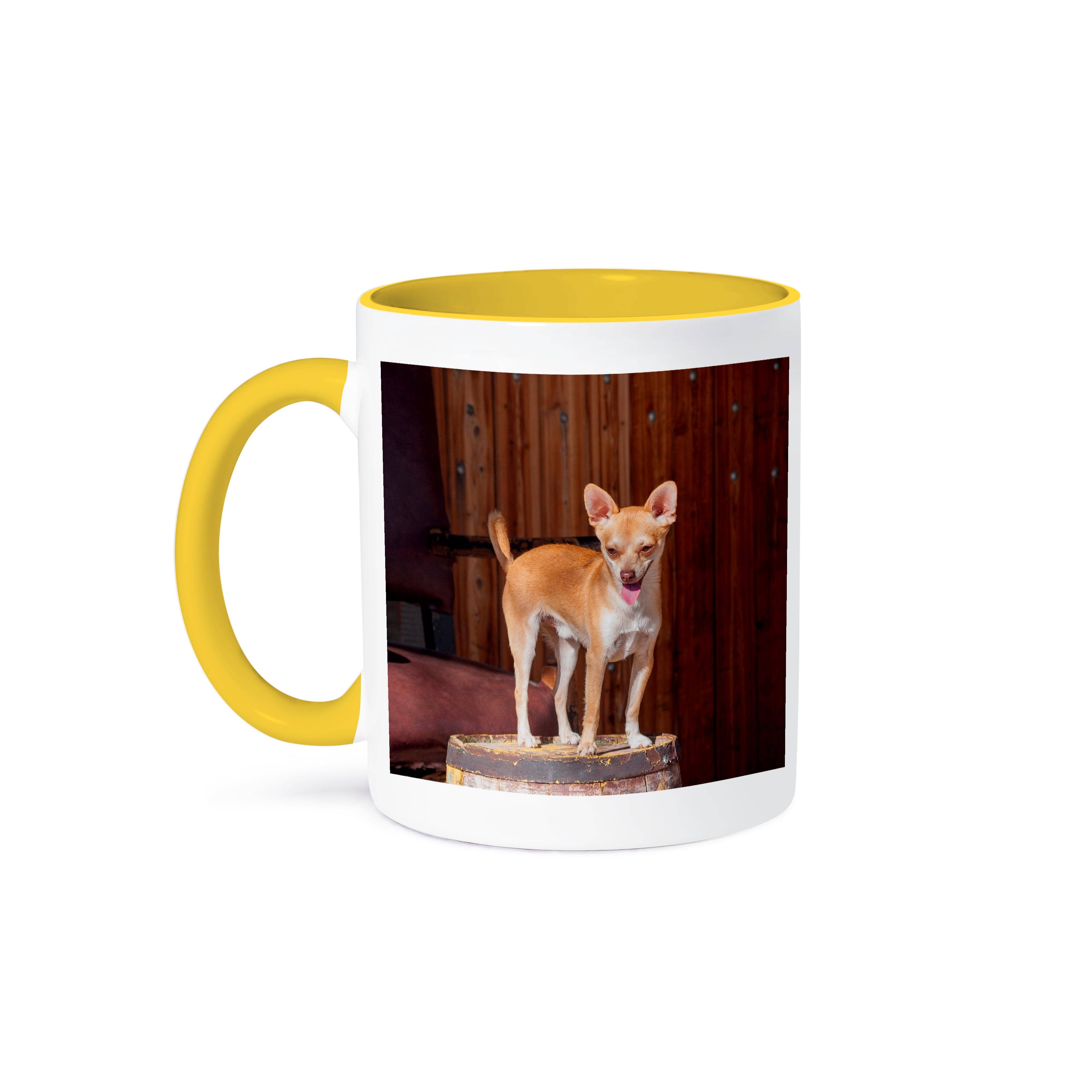 3dRose - Wholesale Coffee Mug - 3dRose, Chihuahua standing on a wooden barrel, Mug0