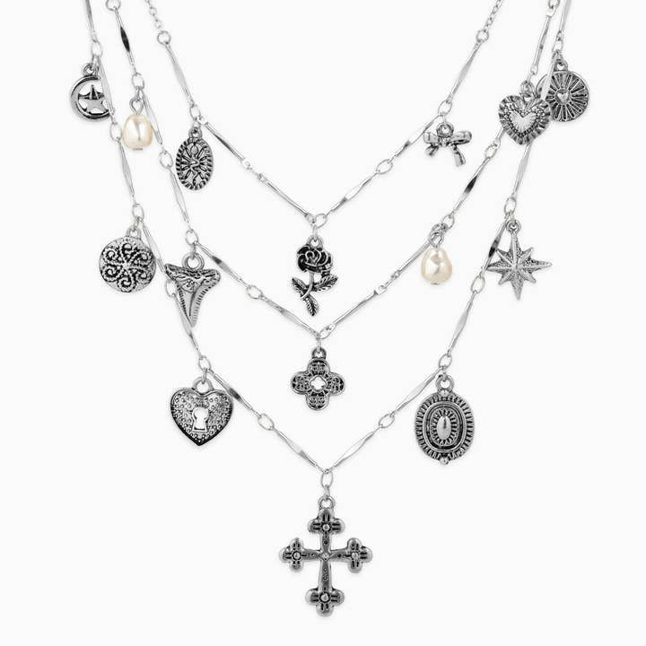 Sessori - Wholesale Pendant/Charm Necklace - 3 Layered Vintage Antique Cross Rose Necklaces