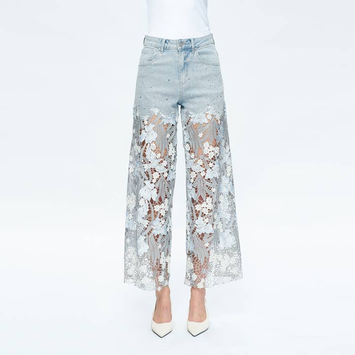 LESLEY BLUE HIGH RISE WIDE LEG JEANS WITH LACE SPLICED BYW8090 for wholesale on Faire