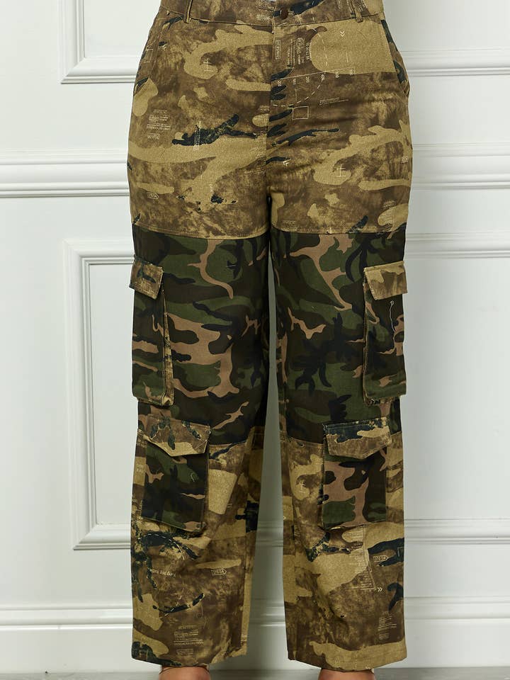 G Camou Plus Camo High Waisted Side Pockets Cargo Pants for wholesale on Faire
