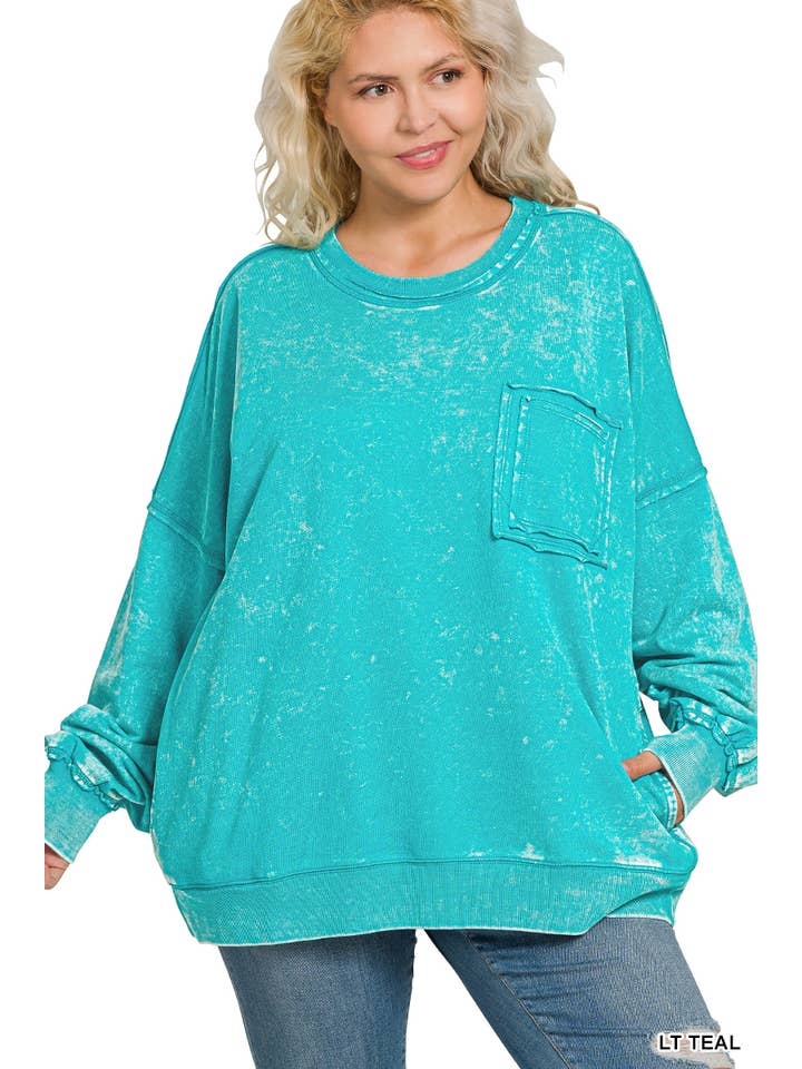 42POPS - Wholesale Sweatshirt - Women's - , 0729 Plus French Terry Acid Wash Raw Edge Front Pocket Pullover W15