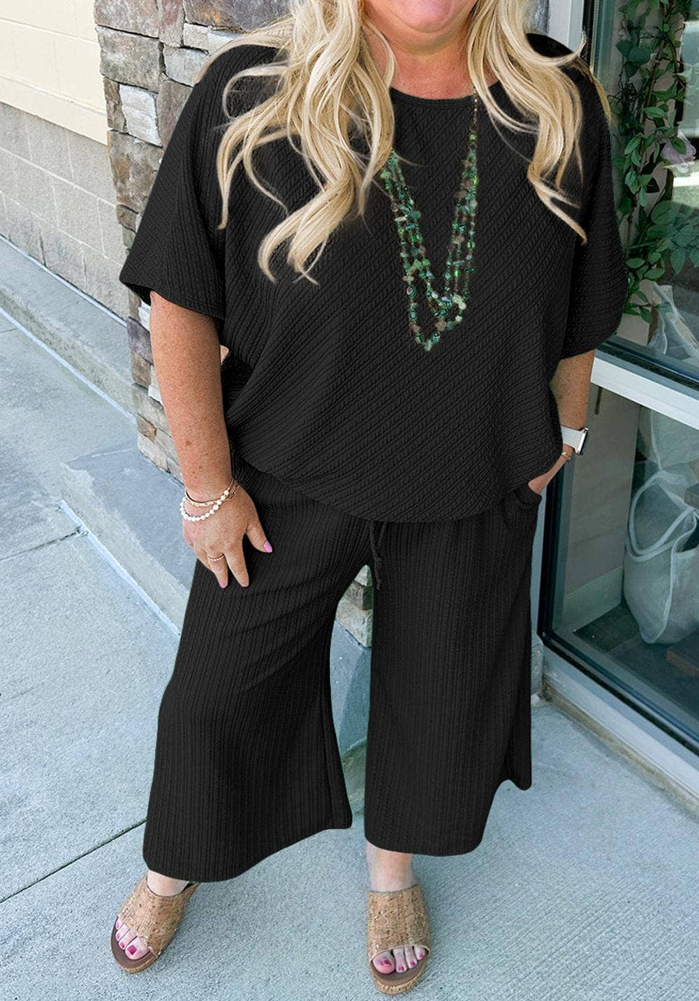 FULL TIME PURCHASE - Wholesale Lounge Set - Women's - Textured Batwing Sleeve Tee Wide Leg Pants Plus Size Set1