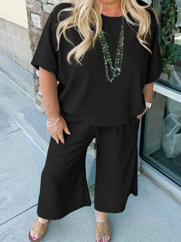 FULL TIME PURCHASE - Wholesale Lounge Set - Women's - Textured Batwing Sleeve Tee Wide Leg Pants Plus Size Set1