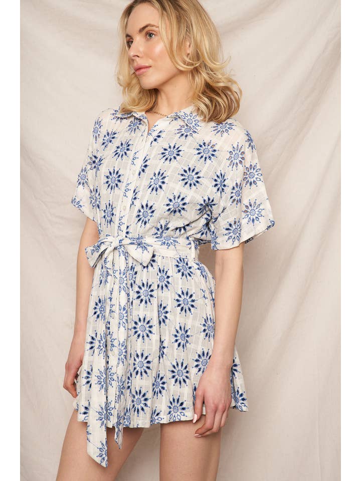 White Blue Eyelet Embroidered Button Down Mini Shirt Dress for wholesale on Faire