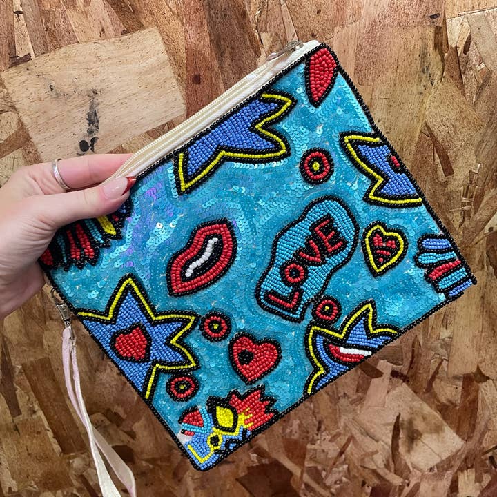 Sac perlé : bleu avec lèvres pour la vente par Vanilla