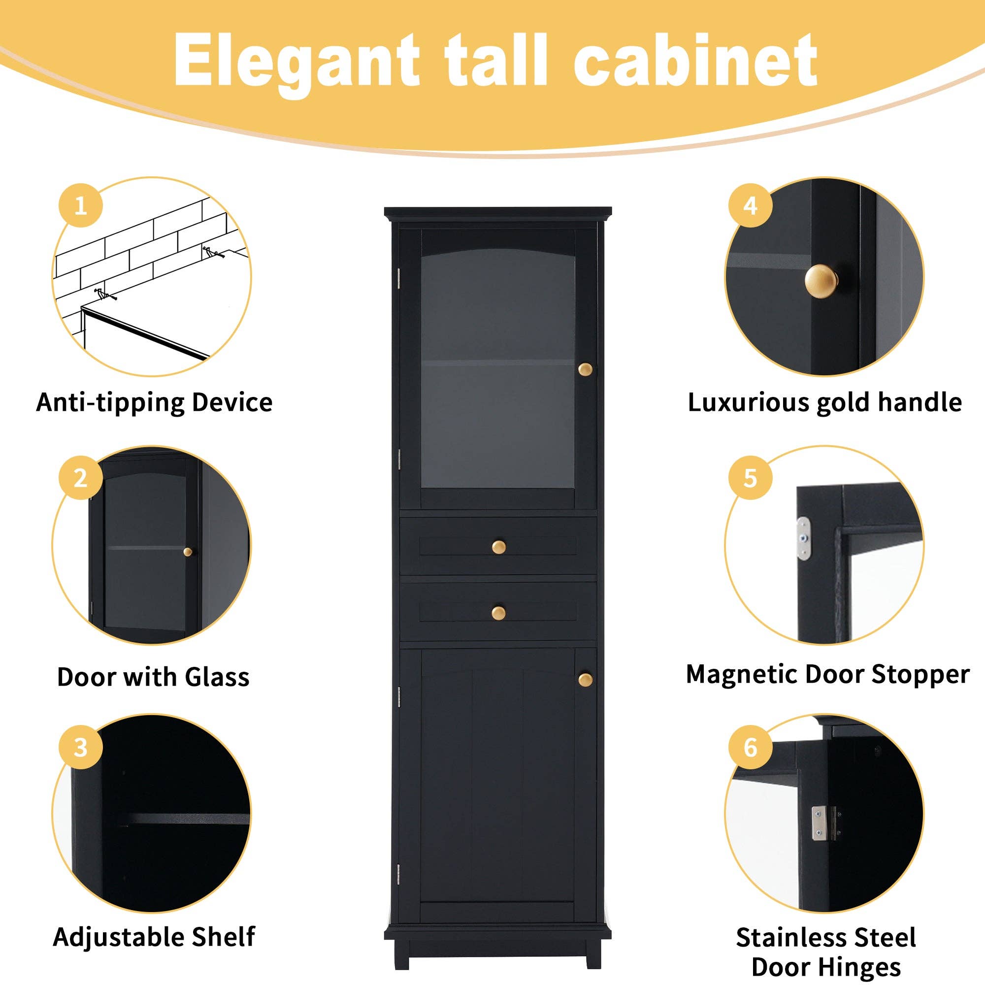 Orange County Decor - Wholesale Cabinet - 63" Tall Bathroom Storage Cabinet With Glass Doors, Free Standing, Two Drawers, And Adjustable Shelves, Mdf Board, Painted Black Perfect For Displaying Your Favorite Items 2 Black 2 4 Adjustable3