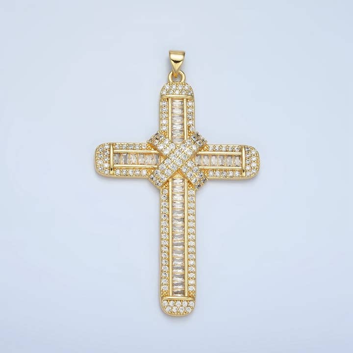 24K Gold Filled CZ Micro Paved Baguette Religious Cross Pendant | AA-802 for wholesale by Aim Eternal