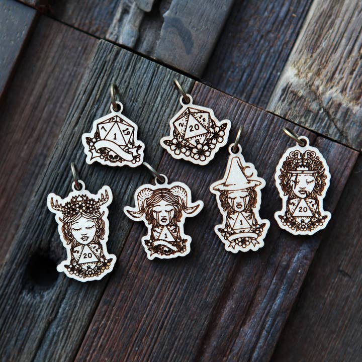 Sunrise Grove - Wholesale Knitting/Crochet Supplies - D20 Dice Stitch Markers Maple Set of 6 DND Classes