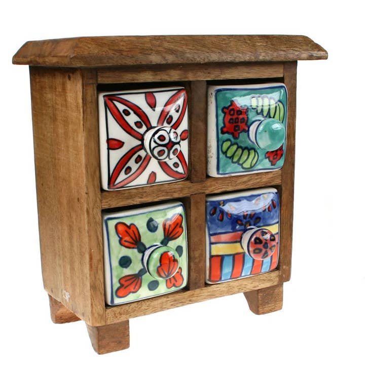 Shared Earth – wholesale Decorative box – Wooden Mini Chest, 4 Ceramic Drawers