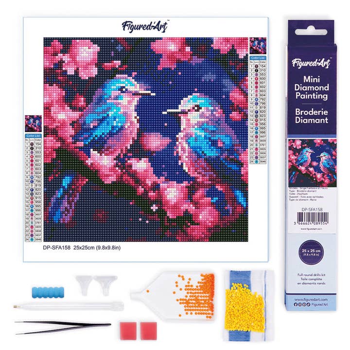 Mini Pintura Diamante 25x25cm - Shimmering Bluebirds por atacado de Figured'Art