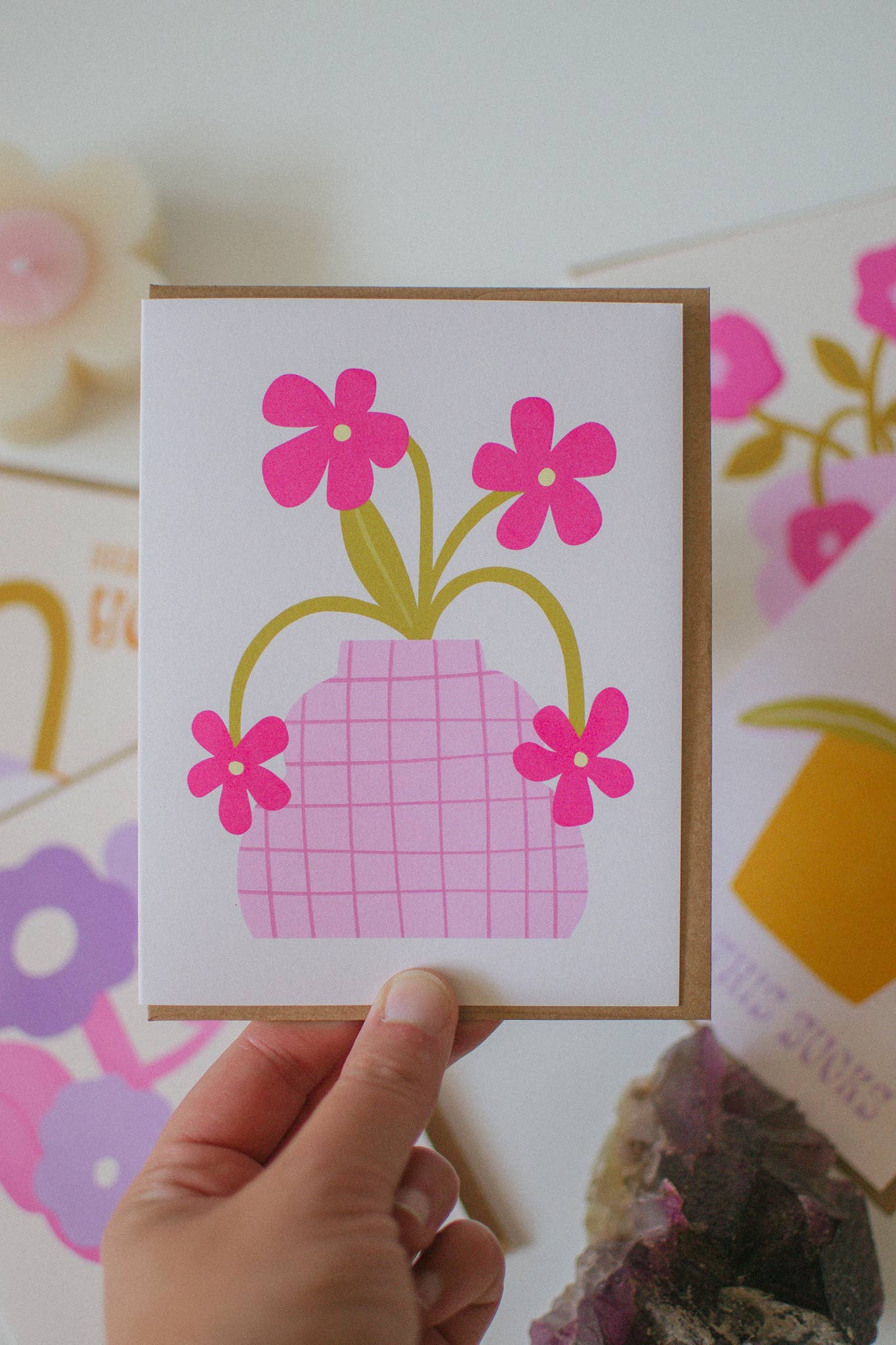 Brush + Bird Paper Co. - Wholesale Gewone wenskaart - Retro bloempotkaart | Blanco roze wenskaart3