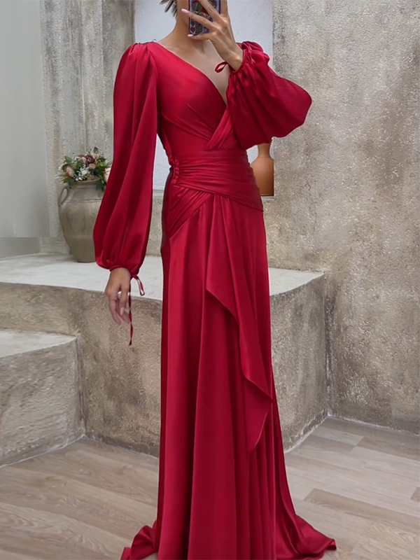 FurDecoration - Wholesale Gown - Women's - Look-Thin Pleated Solid Color V-Cut Long Sleeves Maxi Dresses2