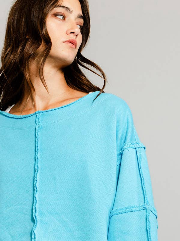 BUCKETLIST - Wholesale Sweatshirt - Women's - T2170 Raw-edge Detail Solid Terry Crop Pullover Top