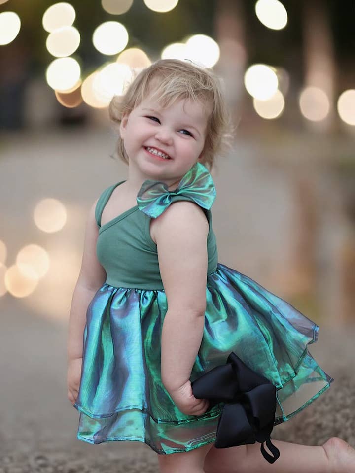 GREEN COLD SHOULDER W/METALLIC TULLE DRESS. DRG251123134-SOL for wholesale by Kids Charm Online