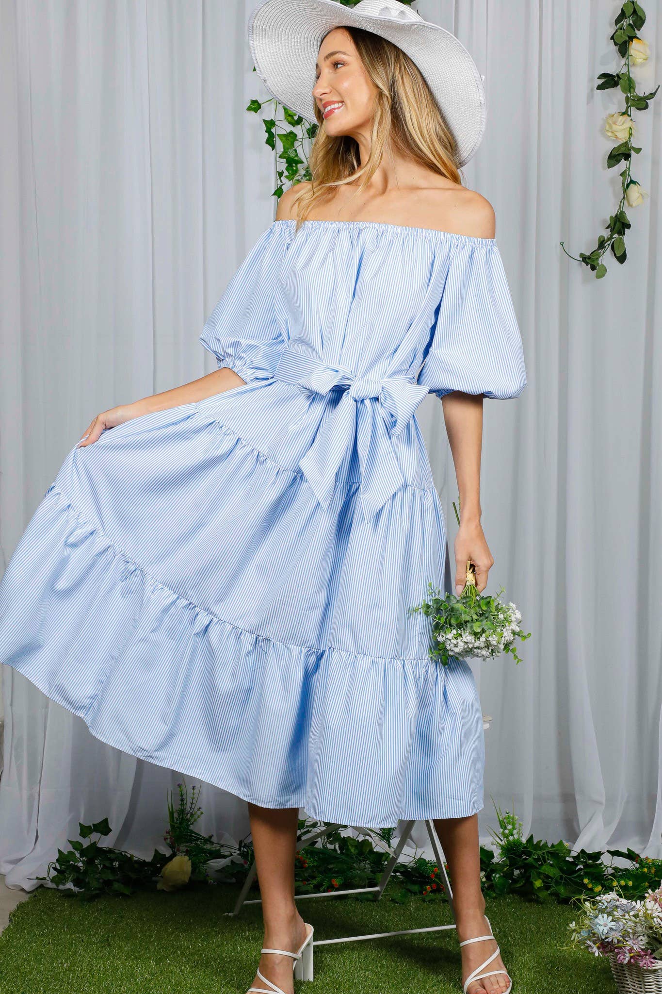 Vine & Love – wholesale Dress – Women's – Off-The-Shoulder Tie Waistband Tiered Striped Dress  VD7029623