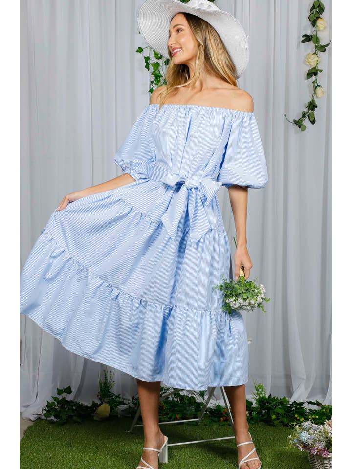 Vine & Love - Wholesale Dress - Women's - Off-The-Shoulder Tie Waistband Tiered Striped Dress  VD7029624