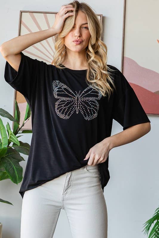 HEIMISH - Wholesale Tunic - Women's - ET7633-13 SHORT SLEEVE BUTTERFLY RHINESTONE TOP2