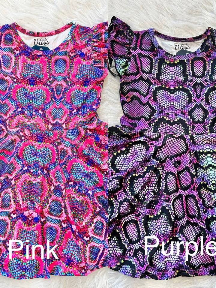 Vestito svolazzante in pelle di serpente viola o rosa per la vendita all'ingrosso da parte di Little dress shoppe