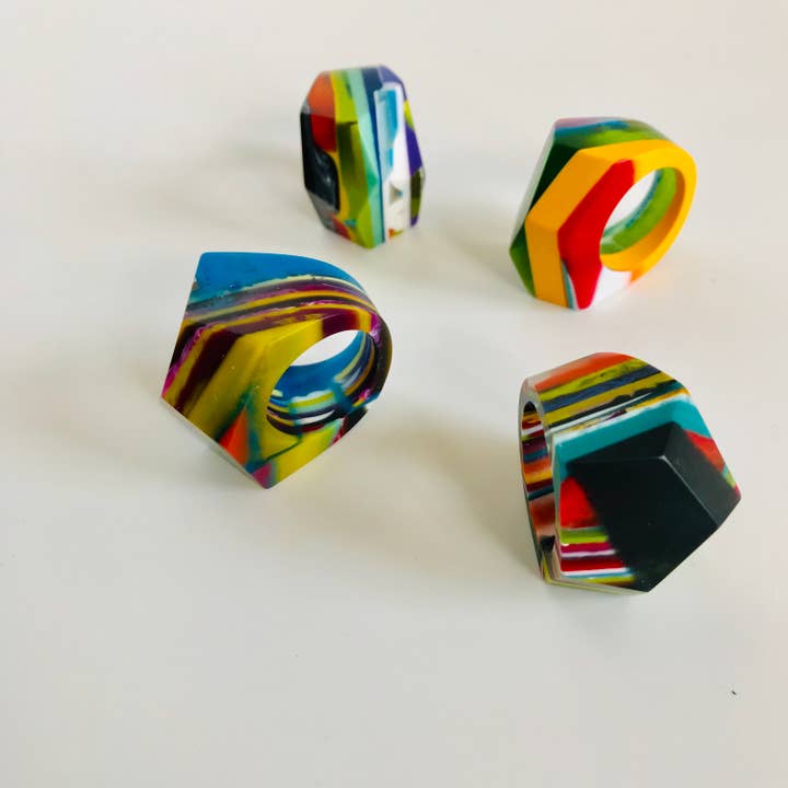 Belart Fair Trade - Wholesale Cocktail/Statement Ring - Poly Resin Bauhaus Mosaic Rings - Faceted