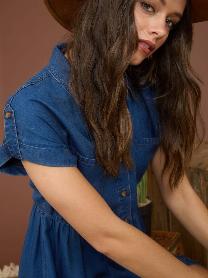 DARK CHAMBRAY COLLARED BUTTON DOWN SHIRT DRESS for wholesale on Faire